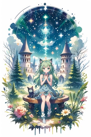 ((Tabletop, highest quality: 1.1), ((Anime girl in a blue dress holding a magic wand)), Art Nouveau、Anime Cat girl in maid outfit, , ((Green hairs))、Long-haired、((Eyes like shining jewels Long lashes Transparency))、Very Beautiful Anime Cat girl, AnimeCat girl, ((White knee-high socks)), Attractive Cat Girl, Inspired by Leiko Ikemura, Takano Aya color style, in ryuuou no oshigoto art style, Cat girl, Favorite character, rei hiroe、With a smile, background,scenery, CrclWc,CuteSt1,WtrClr
