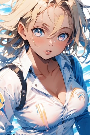 anime style, masterpiece, highly detailed, centered, cinematic shot, 1girl, cute face,clear skin,shiny hair,ultra detailed eyes,simple background, curvy, sweat, wet clothes, kuro gyaru, dark skin, blonde hair, Beautiful anime style, pastelmix