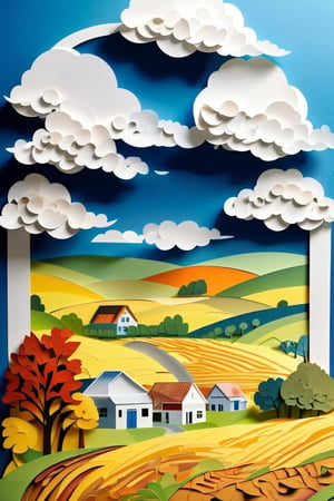 An oil painting of a rolling landscape with farms and farm houses. A blue sky with white clouds.,papercut