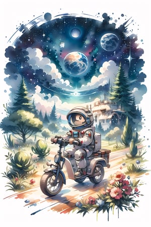 cinematic film still A visually striking chibi-style astronaut is depicted with remarkable detail, wearing a black tinted visor and a crisp white suit with red straps. This adorable hero is captured riding on a child's tricycle with big grippy tires, exploring the surface of the moon. The background showcases a delightful galaxy filled with stars and cosmic wonder. This conceptual art piece blends anime, photography, illustration, and typography to create a whimsical and imaginative portrayal of space exploration, background,scenery
,CrclWc,CuteSt1,WtrClr