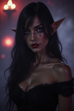 (masterpiece, UHD, 8K, 16K, ultra detailed), sfw, cowboy shot, halloween theme, Beautiful vampire woman with black hair Asavache with violent, pointy ears, purple eyes, with a third eye and a black dress.
, background of a Halloween party, (depth of field), bokeh, diffused light, dramatic ambient,Horror Poster Movie,ABMhauntedVibe