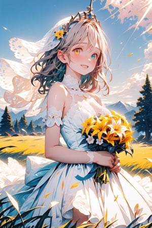 (((master piece Highest quality ultra detailed,Unity 8k))),,(((twin drill))),(((white lace))),(((white lace wedding dress lace wedding veil))),bouquet,Whitechurch,june bride,white hair ribbon,light blonde,medium hair,white lace,heterochromia green eye yellow eye,(illusion effect:1.4),The sun shines,(Smiling Embarrassed),very mystical ambiance,(cowboy shot)