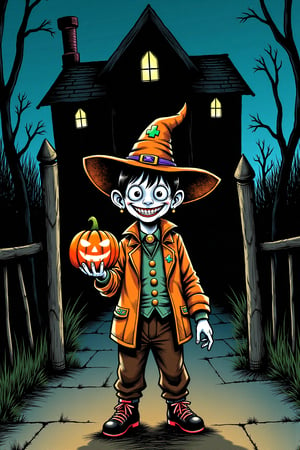 (masterpiece, best quality:1.2), a mischievous boy in a Halloween costume, standing in front of a haunting house with a pumpkin in hand. The boy's costume is a playful yet spooky creation, with vibrant colors, whimsical accessories, and a mischievous grin on his face. He holds a perfectly carved pumpkin, its candlelight flickering with an enchanting glow. The haunting house behind him exudes an air of mystery, with its looming presence, creaking doors, and eerie shadows, horror mangaz