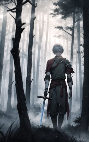 an injured warrior holding his wounded arm coming out from a cursed mist, mystical broken armature, luminous sword, forest location, mist environment, detailed, perfect quality