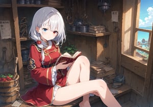  1 military captain woman reading a novel, long silver hair, bright heterochromia eyes, red-white military clothes with golden filigree design, magical cabin airship location, fantasy magic world,hot tea background. ((score_9,score_8_up,source_anime,(score_7_up:0.8),(score_6_up:0.8),source_anime,official art,highres,BREAK,masterpiece)),Eyes,Beautiful eyes,scenery