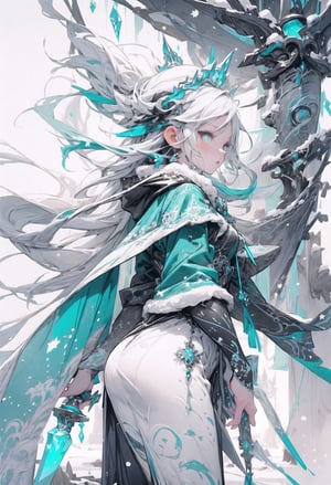 1 queen of ice, beautiful face, very long glitter white hair, bright cyan eyes, wearing a winter ice style white-blue dress, detailed dress with filigree ice style, winter, Iceland location, blizzard storm background, weapon, holding an ice magic sword, snowing background, side view, icemagicAI,weapon