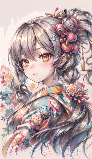 portrait of a geisha, beautiful delicate face, long ornamented silver hair, golden eyes, wearing an expensive kimono, watercolor sketch character style, abstract background, ClrSkt,WtrClr