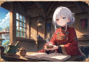  1 military captain woman reading a novel, long silver hair, bright heterochromia eyes, red-white military clothes with golden filigree design, magical cabin airship location, fantasy magic world,hot tea background. ((score_9,score_8_up,source_anime,(score_7_up:0.8),(score_6_up:0.8),source_anime,official art,highres,BREAK,masterpiece)),Eyes,Beautiful eyes,scenery