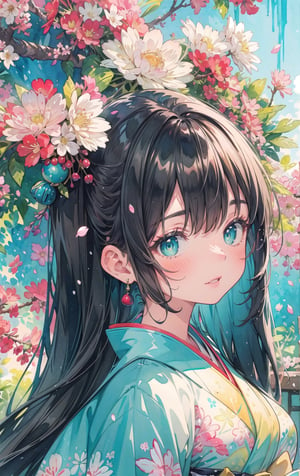 a painting of a geisha, long black hair, oily hair, bright cyan eyes, colored splatters, beautiful and colorful, rim light, vibrant watercolors, strong facial expression, colorful muralist, detailed pores and shadows, cherry blossom falling in background, front of view shot,watercolor