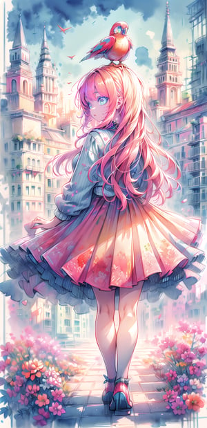 a cute girl standing in front of an open window, beautiful city scenery in background, a red parrot sitting on the head of the girl. high quality

 watercolor sketch character style, abstract background, ClrSkt,WtrClr,(masterpiece),scenery