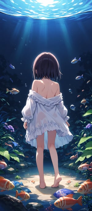 1 little girl, solo, medium hair, summer clothes, hands against the glass, peaceful and relaxing environment, many kinds of fishes in background, main color: blue, back view, masterpiece quality, detailed, detailed shadows effect, aquarium location, close-up, silhouette effect.,score_9,score_8_up,source_anime,(score_7_up:0.8),(score_6_up:0.8),source_anime,official art,highres,BREAK,scenery