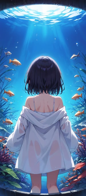 1 little girl, solo, medium hair, summer clothes, hands against the glass, peaceful and relaxing environment, many kinds of fishes in background, main color: blue, back view, masterpiece quality, detailed, detailed shadows effect, aquarium location, close-up, silhouette effect.,score_9,score_8_up,source_anime,(score_7_up:0.8),(score_6_up:0.8),source_anime,official art,highres,BREAK,scenery