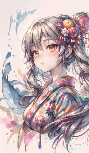 portrait of a geisha, beautiful delicate face, long ornamented silver hair, golden eyes, wearing an expensive kimono, watercolor sketch character style, abstract background, ClrSkt,WtrClr