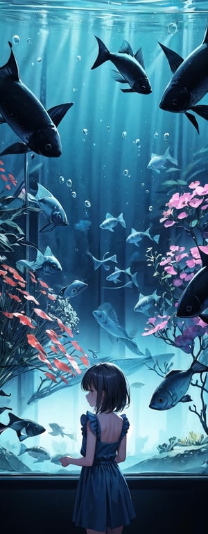 1 little girl, solo, medium hair, summer clothes, hands against the glass, peaceful and relaxing environment, many kinds of fishes in background, main color: blue, back view, masterpiece quality, detailed, detailed shadows effect, aquarium location, silhouette effect.