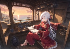  1 military captain woman reading a novel, long silver hair, bright heterochromia eyes, red-white military clothes with golden filigree design, magical cabin airship location, fantasy magic world,hot tea background. ((score_9,score_8_up,source_anime,(score_7_up:0.8),(score_6_up:0.8),source_anime,official art,highres,BREAK,masterpiece)),Eyes,Beautiful eyes,scenery