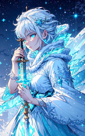 1 queen of ice, beautiful face, very long glitter white hair, bright cyan eyes, wearing a winter ice style white-blue dress, detailed dress with filigree ice design, winter, Iceland location, r1ge, blizzard storm background, weapon, holding an ice magic sword, snowing background, side view, close-up