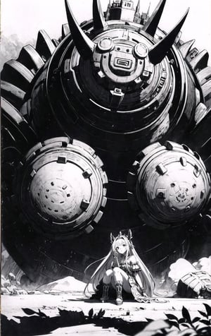 The cover of a manga, a girl with long hair wearing a tribal fantasy style dress sitting on the hand of a colossal gear golem, close-up, made by Norihiro Yagi, black and white, detailed, fantasy world,monochrome