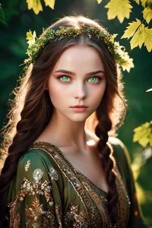 cinematic photo Portrait of a divinely beautiful, gorgeous, stunning, cute, Ukrainian teen girl with striking green eyes in the war . The luminosity of her green eyes is the focal point, contrasting with the earthy tones of her attire. Influenced by the realistic styles of classic portrait artists, with a focus on intricate detailing and natural lighting . The end result should be a high-resolution portrait capturing her cultural essence and the vividness of her eyes, 35mm photograph, film, bokeh, professional, 4k, highly detailed