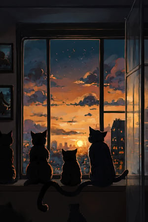 masterpiece, best quality, 3 cute cats, sitting at the window, sunset, cinematic light, cinematic view, flat color, 