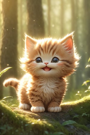 photorealistic, "smiling kitten" in middle of the forest close to the tree, 8k realistic cinematik uhd 16:9 , Miki Asai Macro photography, close-up, hyper detailed, trending on artstation, sharp focus, studio photo, intricate details, highly detailed, by greg rutkowski,Movie Still,greg rutkowski,Xxmix_Catecat,Leonardo Style