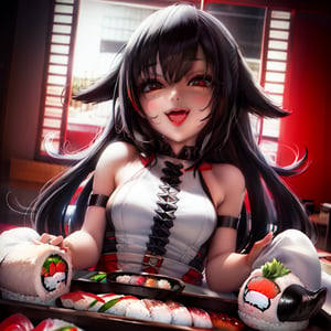 1girl, black hair, bangs, head, food, sushi, salmon sushi, masterpiece, best quality, highly detailed  chibi, open mouth, (smile, looking at viewer:1.3), warmcolor, brightness colors
