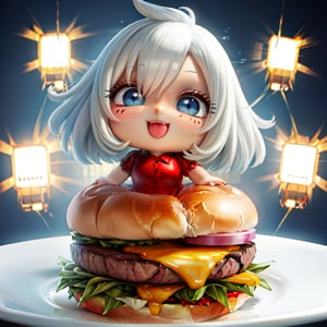 1girl,white hair, coils, head, food, burger, hamburger steak, masterpiece, best quality, highly detailed  chibi, open mouth, (smile, looking at viewer:1.3), warmcolor, brightness colors
