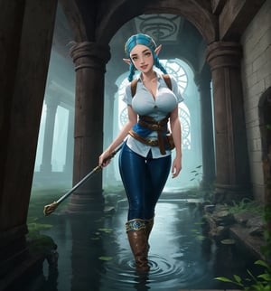 An ultra-detailed 8K masterpiece featuring adventure, fantasy and The Legend of Zelda: Breath of the Wild styles, rendered in ultra-high resolution with graphic detail. | Princess Zelda, a young 23-year-old woman, is dressed for adventure in a white short-sleeved shirt, brown leather vest, sturdy fabric pants and high boots. Hers ((short blue hair)) has a mohawk style, with two long pigtails secured with silver clips and two small braids adding a feminine touch. ((Her bright yellow eyes look straight at the viewer as she smiles and shows off her white teeth, wearing bright red lipstick that highlights her thin lips)). Zelda is located in an abandoned water temple, surrounded by stone pipes and pipes, ancient structures, and machines covered in mud and slime. The atmosphere is humid and suffocating, with the sound of water running through the pipes and the smell of mold and fungi in the air. | The image highlights the imposing and adventurous figure of Princess Zelda, contrasting with the humid and suffocating environment of the abandoned water temple. The stone pipes and pipes, the old structures and machines covered in mud and slime, along with the sound of running water and the smell of mold and fungi, create an atmosphere that is mixed between ancient and decadent. The temple's artificial lighting creates dramatic shadows and highlights the details of the scene. | Soft, shadowy lighting effects create a tense, mysterious atmosphere, while detailed textures on skin, fabrics and structures add realism to the image. | A sensual and adventurous scene of Princess Zelda in an abandoned water temple, exploring themes of fantasy and adventure. | (((The image reveals a full-body shot as Zelda assumes a sensual pose, engagingly leaning against a structure within the scene in an exciting manner. She takes on a sensual pose as she interacts, boldly leaning on a structure, leaning back and boldly throwing herself onto the structure, reclining back in an exhilarating way.))). | ((((full-body shot)))), ((perfect pose)), ((perfect arms):1.2), ((perfect limbs, perfect fingers, better hands, perfect hands, hands)), ((perfect legs, perfect feet):1.2), ((huge breasts)), ((perfect design)), ((perfect composition)), ((very detailed scene, very detailed background, perfect layout, correct imperfections)), Enhance, Ultra details++, More Detail, poakl