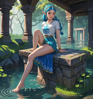 High-quality graphic art in the style of The Legend of Zelda: Breath of the Wild, focusing on precise details and realistic textures. | Princess Zelda, now 22 years old, sports a casual and modern look, wearing a simple white t-shirt and a red pleated skirt. Her feet are bare, revealing her arm and leg tattoos that tell tales of her past adventures. Her short blue hair is styled in a mohawk, with two small braids adding a feminine touch. Her red eyes are full of confidence and sensuality, as she gazes directly at the viewer with a seductive smile, showing her white teeth and red-painted lips. | The scene takes place in an abandoned water temple, with stone pipes and tubing, ancient structures, and machinery covered in mud and slimes. The lighting is soft, creating shadows and highlights that enhance the beauty and strength of Princess Zelda. | Medium shot composition, with Princess Zelda in the center of the scene, surrounded by the elements of the water temple. The camera is positioned to emphasize the curves and details of Princess Zelda's tattoos. | Lighting and shadow effects to enhance the mysterious atmosphere of the water temple, focusing on the beauty and strength of Princess Zelda. | (((The image reveals a full-body shot as Daliny assumes a sensual pose, engagingly leaning against a structure within the scene in an exciting manner. She takes on a sensual pose as she interacts, boldly leaning on a structure, leaning back and boldly throwing herself onto the structure, reclining back in an exhilarating way.))). | ((((full-body shot)))), ((perfect pose)), ((perfect arms):1.2), ((perfect limbs, perfect fingers, better hands, perfect hands, hands)), ((perfect legs, perfect feet):1.2), ((perfect design)), ((perfect composition)), ((very detailed scene, very detailed background, perfect layout, correct imperfections)), Enhance, Ultra details++, More Detail, poakl