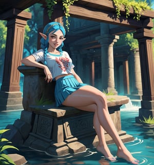 High-quality graphic art in the style of The Legend of Zelda: Breath of the Wild, focusing on precise details and realistic textures. | Princess Zelda, now 22 years old, sports a casual and modern look, wearing a simple white t-shirt and a red pleated skirt. Her feet are bare, revealing her arm and leg tattoos that tell tales of her past adventures. Her ((short blue hair)) is styled in a mohawk, with two small braids adding a feminine touch. ((Her red eyes are full of confidence and sensuality, as she gazes directly at the viewer with a seductive smile, showing her white teeth and red-painted lips)). | The scene takes place in an abandoned water temple, with stone pipes and tubing, ancient structures, and machinery covered in mud and slimes. The lighting is soft, creating shadows and highlights that enhance the beauty and strength of Princess Zelda. | Medium shot composition, with Princess Zelda in the center of the scene, surrounded by the elements of the water temple. The camera is positioned to emphasize the curves and details of Princess Zelda's tattoos. | Lighting and shadow effects to enhance the mysterious atmosphere of the water temple, focusing on the beauty and strength of Princess Zelda. | (((The image reveals a full-body shot as Daliny assumes a sensual pose, engagingly leaning against a structure within the scene in an exciting manner. She takes on a sensual pose as she interacts, boldly leaning on a structure, leaning back and boldly throwing herself onto the structure, reclining back in an exhilarating way.))). | ((((full-body shot)))), ((perfect pose)), ((perfect arms):1.2), ((perfect limbs, perfect fingers, better hands, perfect hands, hands)), ((perfect legs, perfect feet):1.2), ((perfect design)), ((perfect composition)), ((very detailed scene, very detailed background, perfect layout, correct imperfections)), Enhance, Ultra details++, More Detail, poakl