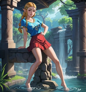 High-quality graphic art in the style of The Legend of Zelda: Breath of the Wild, focusing on precise details and realistic textures. | Princess Zelda, now 22 years old, sports a casual and modern look, wearing a simple white t-shirt and a red pleated skirt. Her feet are bare, revealing her arm and leg tattoos that tell tales of her past adventures. Her short blue hair is styled in a mohawk, with two small braids adding a feminine touch. ((Her red eyes are full of confidence and sensuality, as she gazes directly at the viewer with a seductive smile, showing her white teeth and red-painted lips)). | The scene takes place in an abandoned water temple, with stone pipes and tubing, ancient structures, and machinery covered in mud and slimes. The lighting is soft, creating shadows and highlights that enhance the beauty and strength of Princess Zelda. | Medium shot composition, with Princess Zelda in the center of the scene, surrounded by the elements of the water temple. The camera is positioned to emphasize the curves and details of Princess Zelda's tattoos. | Lighting and shadow effects to enhance the mysterious atmosphere of the water temple, focusing on the beauty and strength of Princess Zelda. | (((The image reveals a full-body shot as Daliny assumes a sensual pose, engagingly leaning against a structure within the scene in an exciting manner. She takes on a sensual pose as she interacts, boldly leaning on a structure, leaning back and boldly throwing herself onto the structure, reclining back in an exhilarating way.))). | ((((full-body shot)))), ((perfect pose)), ((perfect arms):1.2), ((perfect limbs, perfect fingers, better hands, perfect hands, hands)), ((perfect legs, perfect feet):1.2), ((perfect design)), ((perfect composition)), ((very detailed scene, very detailed background, perfect layout, correct imperfections)), Enhance, Ultra details++, More Detail, poakl
