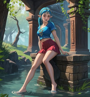 High-quality graphic art in the style of The Legend of Zelda: Breath of the Wild, focusing on precise details and realistic textures. | Princess Zelda, now 22 years old, sports a casual and modern look, wearing a simple white t-shirt and a red pleated skirt. Her feet are bare, revealing her arm and leg tattoos that tell tales of her past adventures. Her short blue hair is styled in a mohawk, with two small braids adding a feminine touch. Her red eyes are full of confidence and sensuality, as she gazes directly at the viewer with a seductive smile, showing her white teeth and red-painted lips. | The scene takes place in an abandoned water temple, with stone pipes and tubing, ancient structures, and machinery covered in mud and slimes. The lighting is soft, creating shadows and highlights that enhance the beauty and strength of Princess Zelda. | Medium shot composition, with Princess Zelda in the center of the scene, surrounded by the elements of the water temple. The camera is positioned to emphasize the curves and details of Princess Zelda's tattoos. | Lighting and shadow effects to enhance the mysterious atmosphere of the water temple, focusing on the beauty and strength of Princess Zelda. | (((The image reveals a full-body shot as Daliny assumes a sensual pose, engagingly leaning against a structure within the scene in an exciting manner. She takes on a sensual pose as she interacts, boldly leaning on a structure, leaning back and boldly throwing herself onto the structure, reclining back in an exhilarating way.))). | ((((full-body shot)))), ((perfect pose)), ((perfect arms):1.2), ((perfect limbs, perfect fingers, better hands, perfect hands, hands)), ((perfect legs, perfect feet):1.2), ((perfect design)), ((perfect composition)), ((very detailed scene, very detailed background, perfect layout, correct imperfections)), Enhance, Ultra details++, More Detail, poakl