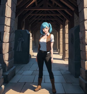 An ultra-detailed 8K masterpiece with adventure and fantasy styles, rendered in ultra-high resolution with graphic detail. | Daliny, a young 23-year-old woman, is dressed for adventure in a white short-sleeved shirt, brown leather vest, sturdy fabric pants and high boots. Hers ((short blue hair)) has a mohawk style, with two long pigtails held together with silver clips. ((Her bright yellow eyes look straight at the viewer as she smiles and shows her white teeth)), wearing bright red lipstick that highlights her thin lips. Mary is located in a macabre tomb, surrounded by ancient rock structures, a stone altar, pillars adorned with ancient emblems, and decaying wooden structures. The atmosphere is dense and mysterious, with shadows dancing on the walls and a cold wind blowing through the cracks. | The image highlights Daliny's imposing and adventurous figure, contrasting with the dark and mysterious environment of the macabre tomb. The ancient rock structures, the stone altar, the tall pillars and the decaying wooden structures, together with the shadows and the cold wind, create an atmosphere mixed between ancient and mysterious. The tomb's artificial lighting creates dramatic shadows and highlights the details of the scene. | Soft, shadowy lighting effects create a tense, mysterious atmosphere, while detailed textures on skin, fabrics and structures add realism to the image. | A sensual and adventurous scene of a young woman in a macabre tomb, exploring themes of fantasy and adventure. | (((The image reveals a full-body shot as Daliny assumes a sensual pose, engagingly leaning against a structure within the scene in an exciting manner. She takes on a sensual pose as she interacts, boldly leaning on a structure, leaning back and boldly throwing herself onto the structure, reclining back in an exhilarating way.))). | ((((full-body shot)))), ((perfect pose)), ((perfect arms):1.2), ((perfect limbs, perfect fingers, better hands, perfect hands, hands)), ((perfect legs, perfect feet):1.2), ((perfect design)), ((perfect composition)), ((very detailed scene, very detailed background, perfect layout, correct imperfections)), Enhance, Ultra details++, More Detail, poakl