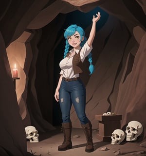 An ultra-detailed 8K masterpiece with adventure and fantasy styles, rendered in ultra-high resolution with graphic detail. | Darla, a young 23-year-old woman, is dressed for adventure in a white short-sleeved shirt, brown leather vest, sturdy fabric pants and tall boots. Her short blue hair is styled in a mohawk, with two long pigtails secured with silver barrettes and two small braids adding a feminine touch. Her bright yellow eyes look directly at the viewer as she ((smiles and shows her white teeth)), wearing bright red lipstick that highlights her thin lips. Darla is located in a macabre cave, surrounded by rock structures, wooden structures, and an altar, with skulls and skeletons scattered across the floor. The atmosphere is dense and mysterious, with shadows dancing on the walls and a cold wind blowing through the cracks. | The image highlights Darla's imposing and adventurous figure, contrasting with the dark and mysterious environment of the macabre cave. The rock structures, wooden structures and the altar, together with the skulls and skeletons scattered across the ground, create a mixed atmosphere between macabre and mysterious. The cave's artificial lighting creates dramatic shadows and highlights the details of the scene. | Soft, shadowy lighting effects create a tense, mysterious atmosphere, while detailed textures on skin, fabrics and structures add realism to the image. | A sensual and adventurous scene of Darla in a macabre cave, exploring themes of fantasy and adventure. | (((The image reveals a full-body shot as Darla assumes a sensual pose, engagingly leaning against a structure within the scene in an exciting manner. She takes on a sensual pose as she interacts, boldly leaning on a structure, leaning back and boldly throwing herself onto the structure, reclining back in an exhilarating way.))). | ((((full-body shot)))), ((perfect pose)), ((perfect arms):1.2), ((perfect limbs, perfect fingers, better hands, perfect hands, hands)), ((perfect legs, perfect feet):1.2), ((huge breasts)), ((perfect design)), ((perfect composition)), ((very detailed scene, very detailed background, perfect layout, correct imperfections)), Enhance, Ultra details++, More Detail, poakl