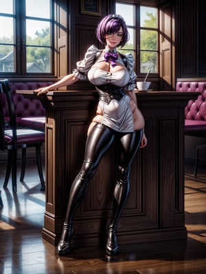 A woman black maid's outfit with white parts, short white pants, brown shoes, extremely tight and tight clothing on the body, gigantic breasts, purple hair, very short hair, stuck hair, bangs in front of the eyes, (an eye-to-eye patch), looking at the viewer, (((erotic pose interacting and leaning on an object))), in a restaurant, furniture, dining table, window, ((full body):1.5). 16k, UHD, best possible quality, ((best possible detail):1), best possible resolution, Unreal Engine 5, professional photography, perfect_hands