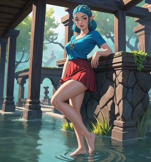 High-quality graphic art in the style of The Legend of Zelda: Breath of the Wild, focusing on precise details and realistic textures. | Princess Zelda, now 22 years old, sports a casual and modern look, wearing a simple white t-shirt and a red pleated skirt. Her feet are bare, revealing her arm and leg tattoos that tell tales of her past adventures. Her ((short blue hair)) is styled in a mohawk, with two small braids adding a feminine touch. ((Her red eyes are full of confidence and sensuality, as she gazes directly at the viewer with a seductive smile, showing her white teeth and red-painted lips)). | The scene takes place in an abandoned water temple, with stone pipes and tubing, ancient structures, and machinery covered in mud and slimes. The lighting is soft, creating shadows and highlights that enhance the beauty and strength of Princess Zelda. | Medium shot composition, with Princess Zelda in the center of the scene, surrounded by the elements of the water temple. The camera is positioned to emphasize the curves and details of Princess Zelda's tattoos. | Lighting and shadow effects to enhance the mysterious atmosphere of the water temple, focusing on the beauty and strength of Princess Zelda. | (((The image reveals a full-body shot as Daliny assumes a sensual pose, engagingly leaning against a structure within the scene in an exciting manner. She takes on a sensual pose as she interacts, boldly leaning on a structure, leaning back and boldly throwing herself onto the structure, reclining back in an exhilarating way.))). | ((((full-body shot)))), ((perfect pose)), ((perfect arms):1.2), ((perfect limbs, perfect fingers, better hands, perfect hands, hands)), ((perfect legs, perfect feet):1.2), ((perfect design)), ((perfect composition)), ((very detailed scene, very detailed background, perfect layout, correct imperfections)), Enhance, Ultra details++, More Detail, poakl