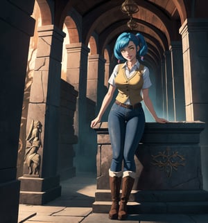 An ultra-detailed 8K masterpiece with adventure and fantasy styles, rendered in ultra-high resolution with graphic detail. | Daliny, a young 23-year-old woman, is dressed for adventure in a white short-sleeved shirt, brown leather vest, sturdy fabric pants and high boots. Hers ((short blue hair)) has a mohawk style, with two long pigtails held together with silver clips. ((Her bright yellow eyes look straight at the viewer as she smiles and shows her white teeth)), wearing bright red lipstick that highlights her thin lips. Mary is located in a macabre tomb, surrounded by ancient rock structures, a stone altar, pillars adorned with ancient emblems, and decaying wooden structures. The atmosphere is dense and mysterious, with shadows dancing on the walls and a cold wind blowing through the cracks. | The image highlights Daliny's imposing and adventurous figure, contrasting with the dark and mysterious environment of the macabre tomb. The ancient rock structures, the stone altar, the tall pillars and the decaying wooden structures, together with the shadows and the cold wind, create an atmosphere mixed between ancient and mysterious. The tomb's artificial lighting creates dramatic shadows and highlights the details of the scene. | Soft, shadowy lighting effects create a tense, mysterious atmosphere, while detailed textures on skin, fabrics and structures add realism to the image. | A sensual and adventurous scene of a young woman in a macabre tomb, exploring themes of fantasy and adventure. | (((The image reveals a full-body shot as Daliny assumes a sensual pose, engagingly leaning against a structure within the scene in an exciting manner. She takes on a sensual pose as she interacts, boldly leaning on a structure, leaning back and boldly throwing herself onto the structure, reclining back in an exhilarating way.))). | ((((full-body shot)))), ((perfect pose)), ((perfect arms):1.2), ((perfect limbs, perfect fingers, better hands, perfect hands, hands)), ((perfect legs, perfect feet):1.2), ((perfect design)), ((perfect composition)), ((very detailed scene, very detailed background, perfect layout, correct imperfections)), Enhance, Ultra details++, More Detail, poakl