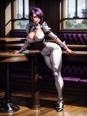 A woman black maid's outfit with white parts, short white pants, brown shoes, extremely tight and tight clothing on the body, gigantic breasts, purple hair, very short hair, stuck hair, bangs in front of the eyes, ((an eye-to-eye patch)), looking at the viewer, (((erotic pose interacting and leaning on an object))), in a restaurant, furniture, dining table, window, ((full body):1.5). 16k, UHD, best possible quality, ((best possible detail):1), best possible resolution, Unreal Engine 5, professional photography, perfect_hands, ((perfect finger):1.2)