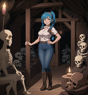 An ultra-detailed 8K masterpiece with adventure and fantasy styles, rendered in ultra-high resolution with graphic detail. | Darla, a young 23-year-old woman, is dressed for adventure in a white short-sleeved shirt, brown leather vest, sturdy fabric pants and tall boots. Her short blue hair is styled in a mohawk, with two long pigtails secured with silver barrettes and two small braids adding a feminine touch. Her bright yellow eyes look directly at the viewer as she ((smiles and shows her white teeth)), wearing bright red lipstick that highlights her thin lips. Darla is located in a macabre cave, surrounded by rock structures, wooden structures, and an altar, with skulls and skeletons scattered across the floor. The atmosphere is dense and mysterious, with shadows dancing on the walls and a cold wind blowing through the cracks. | The image highlights Darla's imposing and adventurous figure, contrasting with the dark and mysterious environment of the macabre cave. The rock structures, wooden structures and the altar, together with the skulls and skeletons scattered across the ground, create a mixed atmosphere between macabre and mysterious. The cave's artificial lighting creates dramatic shadows and highlights the details of the scene. | Soft, shadowy lighting effects create a tense, mysterious atmosphere, while detailed textures on skin, fabrics and structures add realism to the image. | A sensual and adventurous scene of Darla in a macabre cave, exploring themes of fantasy and adventure. | (((The image reveals a full-body shot as Darla assumes a sensual pose, engagingly leaning against a structure within the scene in an exciting manner. She takes on a sensual pose as she interacts, boldly leaning on a structure, leaning back and boldly throwing herself onto the structure, reclining back in an exhilarating way.))). | ((((full-body shot)))), ((perfect pose)), ((perfect arms):1.2), ((perfect limbs, perfect fingers, better hands, perfect hands, hands)), ((perfect legs, perfect feet):1.2), ((huge breasts)), ((perfect design)), ((perfect composition)), ((very detailed scene, very detailed background, perfect layout, correct imperfections)), Enhance, Ultra details++, More Detail, poakl