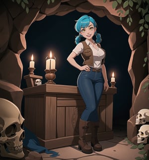 An ultra-detailed 8K masterpiece with adventure and fantasy styles, rendered in ultra-high resolution with graphic detail. | Darla, a young 23-year-old woman, is dressed for adventure in a white short-sleeved shirt, brown leather vest, sturdy fabric pants and tall boots. Her short blue hair is styled in a mohawk, with two long pigtails secured with silver barrettes and two small braids adding a feminine touch. Her bright yellow eyes look directly at the viewer as she ((smiles and shows her white teeth)), wearing bright red lipstick that highlights her thin lips. Darla is located in a macabre cave, surrounded by rock structures, wooden structures, and an altar, with skulls and skeletons scattered across the floor. The atmosphere is dense and mysterious, with shadows dancing on the walls and a cold wind blowing through the cracks. | The image highlights Darla's imposing and adventurous figure, contrasting with the dark and mysterious environment of the macabre cave. The rock structures, wooden structures and the altar, together with the skulls and skeletons scattered across the ground, create a mixed atmosphere between macabre and mysterious. The cave's artificial lighting creates dramatic shadows and highlights the details of the scene. | Soft, shadowy lighting effects create a tense, mysterious atmosphere, while detailed textures on skin, fabrics and structures add realism to the image. | A sensual and adventurous scene of Darla in a macabre cave, exploring themes of fantasy and adventure. | (((The image reveals a full-body shot as Darla assumes a sensual pose, engagingly leaning against a structure within the scene in an exciting manner. She takes on a sensual pose as she interacts, boldly leaning on a structure, leaning back and boldly throwing herself onto the structure, reclining back in an exhilarating way.))). | ((((full-body shot)))), ((perfect pose)), ((perfect arms):1.2), ((perfect limbs, perfect fingers, better hands, perfect hands, hands)), ((perfect legs, perfect feet):1.2), ((huge breasts)), ((perfect design)), ((perfect composition)), ((very detailed scene, very detailed background, perfect layout, correct imperfections)), Enhance, Ultra details++, More Detail, poakl