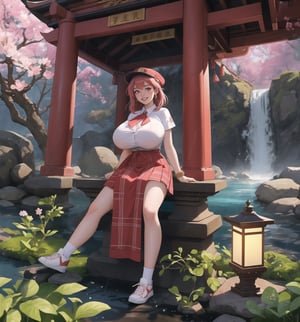 An ultra-detailed 16K masterpiece with mystical and enchanting styles, rendered in ultra-high resolution with realistic details. | Sakura, a young 23-year-old woman with huge breasts, is dressed in a schoolgirl uniform consisting of a white blouse, red and white plaid skirt, red tie and white sneakers. She also wears a white cap with the school emblem, gold cherry blossom earrings, red leather bracelets with metal details on the cuffs, and a red backpack. Her short pink hair is tousled in a modern, shaggy cut. Her red eyes are looking straight at the viewer, while she ((smiles and shows her teeth)), wearing bright red lipstick and war paint on her face. It is located in a temple in a waterfall with hot springs, with rock structures, wooden structures and an altar. The background of the scene shows tall, rugged mountains. It is raining heavily and the place is lit by lamps that create a mystical and enchanting atmosphere. | The image highlights Sakura's sensual figure and the temple's architectural elements. The rock and wooden structures, along with Sakura, the altar, the pillars and the mystical sculptures, create an enchanting and seductive environment. The lamps illuminate the scene, creating dramatic shadows and highlighting the details of the scene. | Soft, colorful lighting effects create a mystical and enchanting atmosphere, while rough, detailed textures on structures and costumes add realism to the image. | A sensual and enchanting scene of a young woman in a temple in a waterfall with hot springs, fusing elements of mystical and enchanting art. | (((The image reveals a full-body shot as Sakura assumes a sensual pose, engagingly leaning against a structure within the scene in an exciting manner. She takes on a sensual pose as she interacts, boldly leaning on a structure, leaning back and boldly throwing herself onto the structure, reclining back in an exhilarating way.))). | ((((full-body shot)))), ((perfect pose)), ((perfect limbs, perfect fingers, better hands, perfect hands, hands))++, ((perfect legs, perfect feet))++, ((huge breasts)), ((perfect design)), ((perfect composition)), ((very detailed scene, very detailed background, perfect layout, correct imperfections)), Enhance++, Ultra details++, More Detail++,