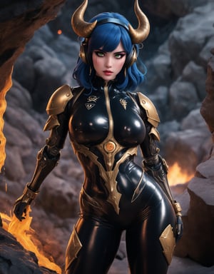 Quality in 16K, Super Metroid-style combined with futuristic elements. | In a volcanic cave filled with rocky and technological structures, a beautiful demon woman, with large black horns and a completely black mecha musume outfit, is adopting a sensual pose. Leaning back in a sensual way, she stares directly at the viewer with a challenging and angry look. Short blue hair with a large fringe beside the right eye and two cybernetic hair clips add a distinctive touch. Golden triangular lights adorn the tight suit, while a large futuristic headphone complements the look. | Composition in a unique perspective, the camera very close to the character, highlighting all the details, from the furious facial expressions to the complexity of the suit. The cave is illuminated by a waterfall of volcanic lava, revealing rocky structures, technological machinery, and altars with demonic writings. Horned skulls thrown on the ground complete the hellish scenery. | Global lighting effects enhance the demonic characteristics of the character, providing maximum sharpness and resolution. | A challenging demon woman in a sensual pose in the volcanic cave. | She is adopting a ((sensual pose as interacts, boldly leaning on a large structure in the scene, leaning back in a sensual way, adding a unique touch to the scene.):1.3), ((full body image)), perfect hand, fingers, hand, perfect, better_hands, More Detail,