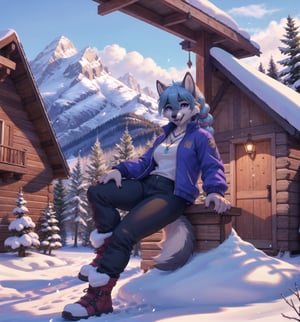 Image in winter, rustic, mountainous, happy, and casual style, rendered in ultra-high resolution with realistic details. | Vallyna, a 33-year-old wolf-woman, is positioned at the entrance of a wooden house in the snowy mountains. She wears a feminine ski outfit consisting of a blue ski jacket, black ski pants, white ski gloves, ski goggles, and ski boots. She has long blue hair with a braid on the left side and a large bang. Her purple eyes stare fixedly at the viewer while she smiles, showing her teeth, mouth open, tongue out, and drool dripping. She also wears a silver necklace with a wolf pendant, leather bracelets, and a silver ring with a purple gemstone. | The scene features the wooden house with shuttered windows, a porch with wooden chairs, and a stone path that leads to the entrance. Wooden structures, snow, trees, rocks, and mountains are part of the scenery. | Composition in a wide-angle shot, emphasizing Vallyna's figure and the architectural elements of the house. Natural lighting from the sun creates soft shadows and highlights the details of the scene. | Soft and bright lighting effects create a happy and casual atmosphere, while detailed textures in the snow, wood, and rocks add realism to the image. | A happy and casual scene of Vallyna, a wolf-woman, at the entrance of a wooden house in the snowy mountains. | (((((The image reveals a full-body_shot as she assumes a relaxed_pose, engagingly leaning against a structure within the scene in an relaxed manner. She takes on a relaxed_pose as she interacts, boldly leaning on a structure, leaning back in an relaxed way))))) | ((perfect anatomy, perfect body, perfect_pose)), ((full-body_shot)), ((perfect fingers, better hands, perfect hands, perfect legs, perfect feet)), ((huge_bust)), ((firm_bust, perfect_bust)), ((perfect design)), ((correct errors):1.2), ((perfect composition)), ((very detailed scene, very detailed background, correct imperfections, perfect layout):1.2), ((More Detail, Enhance))