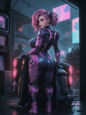 Masterpiece in maximum 16K resolution, blending elements of Cyberpunk, Super Metroid, and Final Fantasy 7. | In an ultra-technological alien apartment, a beautiful woman wears a tight-fitting all-black cybernetic armor with vibrant pink lights. Her short, Mohawk-style pink hair stands out, with an imposing fringe over her right eye. The cybernetic helmet with bunny ears adds a unique touch. She stares directly at the viewer, adopting a sensual pose as she boldly leans on a large structure in the scene, leaning back in a sensual way. The close camera highlights every anatomically correct detail of her figure, while the ultra-technological setting shines with structures, computers, machines with luminous pipes, and large robot construction machines. The window reveals a nighttime city under intense rain, creating an immersive cyberpunk atmosphere. | A stunning woman in cybernetic armor in an ultra-technological alien setting. | She is adopting a ((sensual pose as interacts, boldly leaning on a large structure in the scene, leaning back in a sensual way, adding a unique touch to the scene.):1.3), ((Full body)), perfect hand, fingers, hand, perfect, better_hands, Big, More Detail
