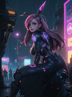 Masterpiece in maximum 16K resolution, blending elements of Cyberpunk, Super Metroid, and Final Fantasy 7. | In an ultra-technological alien apartment, a beautiful woman wears a tight-fitting all-black cybernetic armor with vibrant pink lights. Her short, Mohawk-style pink hair stands out, with an imposing fringe over her right eye. The cybernetic helmet with bunny ears adds a unique touch. She stares directly at the viewer, adopting a sensual pose as she boldly leans on a large structure in the scene, leaning back in a sensual way. The close camera highlights every anatomically correct detail of her figure, while the ultra-technological setting shines with structures, computers, machines with luminous pipes, and large robot construction machines. The window reveals a nighttime city under intense rain, creating an immersive cyberpunk atmosphere. | A stunning woman in cybernetic armor in an ultra-technological alien setting. | She is adopting a ((sensual pose as interacts, boldly leaning on a large structure in the scene, leaning back in a sensual way, adding a unique touch to the scene.):1.3), ((Big, Full body)), perfect hand, fingers, hand, perfect, better_hands, More Detail,2D