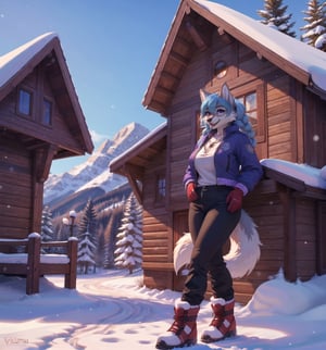 Image in winter, rustic, mountainous, happy, and casual style, rendered in ultra-high resolution with realistic details. | Vallyna, a 33-year-old wolf-woman, is positioned at the entrance of a wooden house in the snowy mountains. She wears a feminine ski outfit consisting of a blue ski jacket, black ski pants, white ski gloves, ski goggles, and ski boots. She has long blue hair with a braid on the left side and a large bang. Her purple eyes stare fixedly at the viewer while she smiles, showing her teeth, mouth open, tongue out, and drool dripping. She also wears a silver necklace with a wolf pendant, leather bracelets, and a silver ring with a purple gemstone. | The scene features the wooden house with shuttered windows, a porch with wooden chairs, and a stone path that leads to the entrance. Wooden structures, snow, trees, rocks, and mountains are part of the scenery. | Composition in a wide-angle shot, emphasizing Vallyna's figure and the architectural elements of the house. Natural lighting from the sun creates soft shadows and highlights the details of the scene. | Soft and bright lighting effects create a happy and casual atmosphere, while detailed textures in the snow, wood, and rocks add realism to the image. | A happy and casual scene of Vallyna, a wolf-woman, at the entrance of a wooden house in the snowy mountains. | (((((The image reveals a full-body_shot as she assumes a relaxed_pose, engagingly leaning against a structure within the scene in an relaxed manner. She takes on a relaxed_pose as she interacts, boldly leaning on a structure, leaning back in an relaxed way))))) | ((perfect anatomy, perfect body, perfect_pose)), ((full-body_shot)), ((perfect fingers, better hands, perfect hands, perfect legs, perfect feet)), ((huge_bust)), ((firm_bust, perfect_bust)), ((perfect design)), ((correct errors):1.2), ((perfect composition)), ((very detailed scene, very detailed background, correct imperfections, perfect layout):1.2), ((More Detail, Enhance))