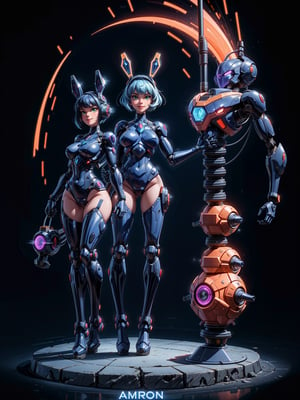 A woman, wearing black rabbit robotic costume with blue parts+mecha costume with bright lights+golden armor, gigantic+firm breasts, blue hair, very short hair, chanel hair with bangs, bangs in front of the eyes, rabbit ears helmet on the head, looking at the viewer, (((erotic pose interacting and leaning on an object))), in a cybernetic temple with machines,  altars, robots, teleportation, ((full body):1.5). 16k, UHD, best possible quality, ((best possible detail):1), best possible resolution, Unreal Engine 5, professional photography, ((Super Metroid)), perfect_hands