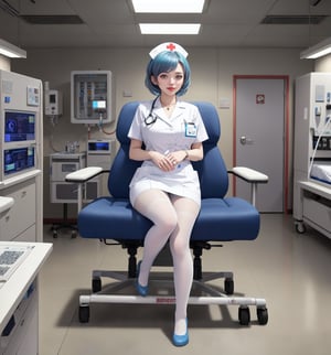 An ultra-detailed 16K masterpiece in sci-fi and adventure styles, rendered in ultra-high resolution with realistic detail. Darla, a beautiful 23-year-old woman, is dressed as a nurse in a hospital operating theatre. She wears a white uniform, a white jacket, a white skirt, white stockings and white shoes. Her short blue hair is styled in a Mohican cut, with gradient effects. She has red eyes, looking at the viewer while smiling, showing her teeth and wearing red lipstick. The image emphasises Darla's imposing figure and the technological elements of the operating theatre. The hospital machines, metal structures and control panels create a cold, sterile environment. The white lights illuminating the room add clinical detail to the scene. | Cold, metallic lighting effects create a tense, futuristic atmosphere, while detailed textures on the structures and uniform add realism to the image. | A tense, futuristic scene of a beautiful nurse in a hospital operating theatre, fusing elements of sci-fi and adventure. | (((The image reveals a full-body shot as Darla assumes a sensual pose, engagingly leaning against a structure within the scene in an exciting manner. She takes on a sensual pose as she interacts, boldly leaning on a structure, leaning back and boldly throwing herself onto the structure, reclining back in an exhilarating way.))). | ((((full-body shot)))), ((perfect pose)), ((perfect limbs, perfect fingers, better hands, perfect hands, hands)), ((perfect legs, perfect feet)), ((huge breasts)), ((perfect design)), ((perfect composition)), ((very detailed scene, very detailed background, perfect layout, correct imperfections)), Enhance, Ultra details++, More Detail, poakl