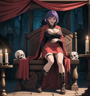 An ultra-detailed 16K masterpiece with macabre styles fused with fantastic elements, rendered in ultra-high resolution with realistic detail. Ayane, a beautiful 23-year-old woman, is dressed as a Spartan warrior in a macabre cave. She wears a brown leather suit, a red tunic, a short white skirt, brown high boots and a red cape. Her short ((blue hair)) is styled in a Mohican cut with gradient effects. She has red eyes, looking at the viewer while ((smiling, showing her teeth)) and wearing red lipstick. The image emphasises Ayane's imposing figure and the architectural elements of the cave. The rocky, wooden structures and the altar, together with the warrior, the skulls, the skeletons and the candles, create a frightening and seductive atmosphere. The melted wax candles, stone sarcophagus and bones scattered on the floor add macabre detail to the scene. Soft, sombre lighting effects create a relaxing, mysterious atmosphere, while rough, detailed textures on the structures and costume add realism to the image. | A relaxing and terrifying scene of a beautiful Spartan warrior in a macabre cave, fusing elements of macabre art and fantasy. (((The image reveals a full-body shot as Ayane assumes a sensual pose, engagingly leaning against a structure within the scene in an exciting manner. She takes on a sensual pose as she interacts, boldly leaning on a structure, leaning back and boldly throwing herself onto the structure, reclining back in an exhilarating way.))). | ((((full-body shot)))), ((perfect pose)), ((perfect limbs, perfect fingers, better hands, perfect hands, hands)), ((perfect legs, perfect feet)), ((huge breasts)), ((perfect design)), ((perfect composition)), ((very detailed scene, very detailed background, perfect layout, correct imperfections)), Enhance, Ultra details++, More Detail, poakl