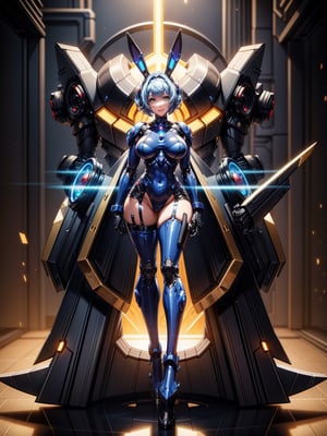 A woman, wearing black rabbit robotic costume with blue parts+mecha costume with bright lights+golden armor, gigantic+firm breasts, blue hair, very short hair, chanel hair with bangs, bangs in front of the eyes, rabbit ears helmet on the head, looking at the viewer, (((erotic pose interacting and leaning on an object))), in a cybernetic temple with machines,  altars, robots, teleportation, ((full body):1.5). 16k, UHD, best possible quality, ((best possible detail):1), best possible resolution, Unreal Engine 5, professional photography, ((Super Metroid)), perfect_hands