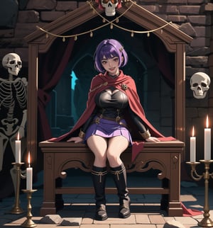 An ultra-detailed 16K masterpiece with macabre styles fused with fantastic elements, rendered in ultra-high resolution with realistic detail. Ayane, a beautiful 23-year-old woman, is dressed as a Spartan warrior in a macabre cave. She wears a brown leather suit, a red tunic, a short white skirt, brown high boots and a red cape. Her short ((blue hair)) is styled in a Mohican cut with gradient effects. She has red eyes, looking at the viewer while ((smiling, showing her teeth)) and wearing red lipstick. The image emphasises Ayane's imposing figure and the architectural elements of the cave. The rocky, wooden structures and the altar, together with the warrior, the skulls, the skeletons and the candles, create a frightening and seductive atmosphere. The melted wax candles, stone sarcophagus and bones scattered on the floor add macabre detail to the scene. Soft, sombre lighting effects create a relaxing, mysterious atmosphere, while rough, detailed textures on the structures and costume add realism to the image. | A relaxing and terrifying scene of a beautiful Spartan warrior in a macabre cave, fusing elements of macabre art and fantasy. (((The image reveals a full-body shot as Ayane assumes a sensual pose, engagingly leaning against a structure within the scene in an exciting manner. She takes on a sensual pose as she interacts, boldly leaning on a structure, leaning back and boldly throwing herself onto the structure, reclining back in an exhilarating way.))). | ((((full-body shot)))), ((perfect pose)), ((perfect limbs, perfect fingers, better hands, perfect hands, hands)), ((perfect legs, perfect feet)), ((huge breasts)), ((perfect design)), ((perfect composition)), ((very detailed scene, very detailed background, perfect layout, correct imperfections)), Enhance, Ultra details++, More Detail, poakl